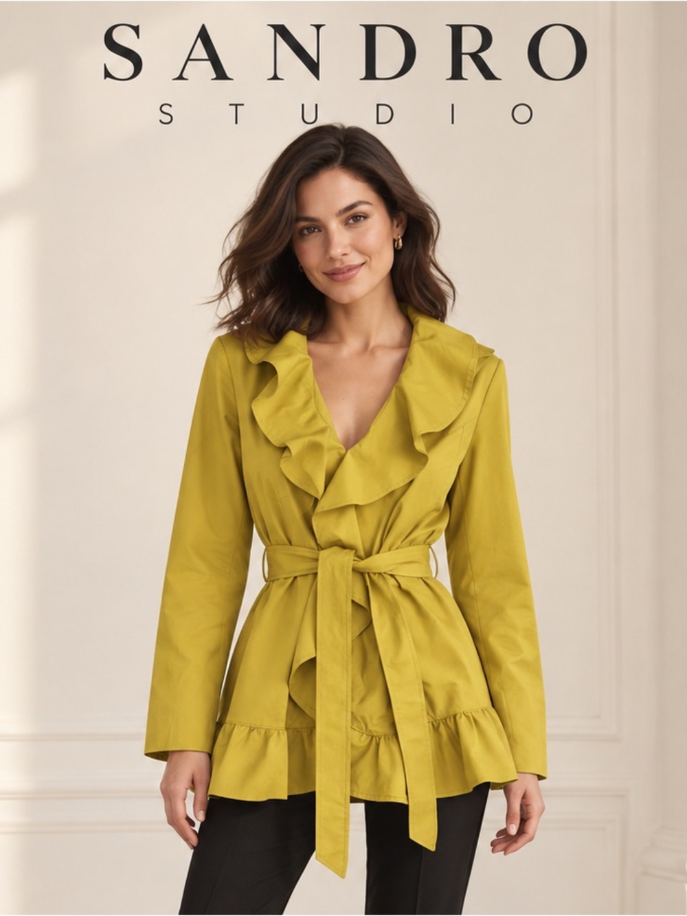 EUC Sandro Studio Ruffle Trim Belted Short Trench Coat Mustard Yellow Size M